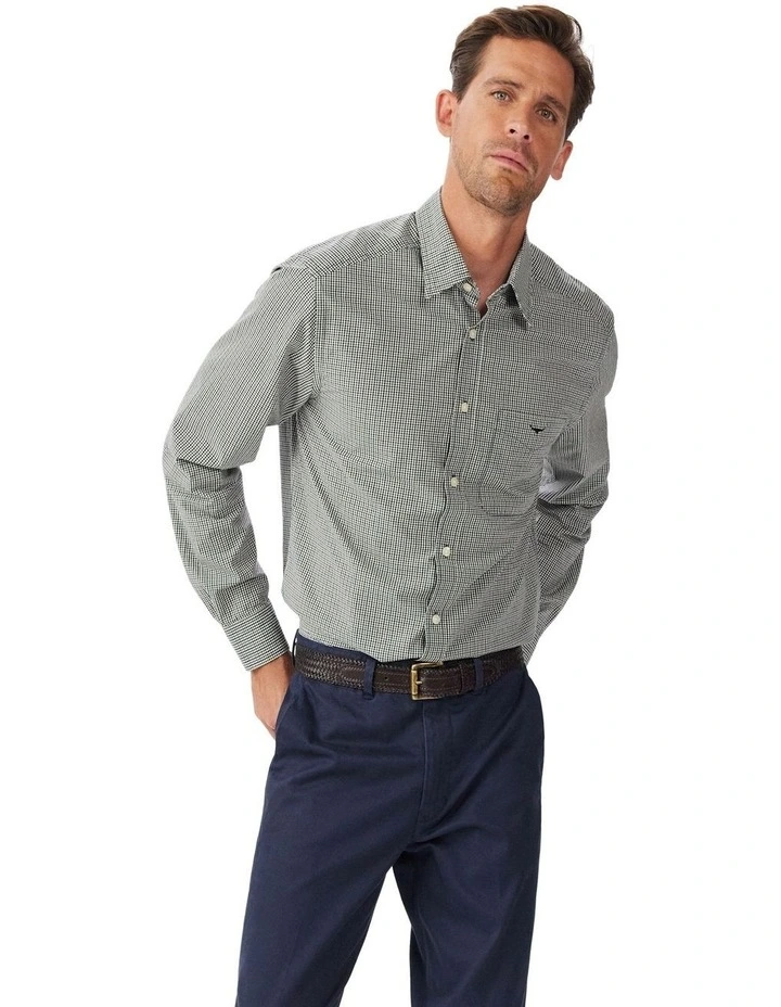 RM Williams Quinn Classic Poplin Long Sleeve Shirt White Navy Green