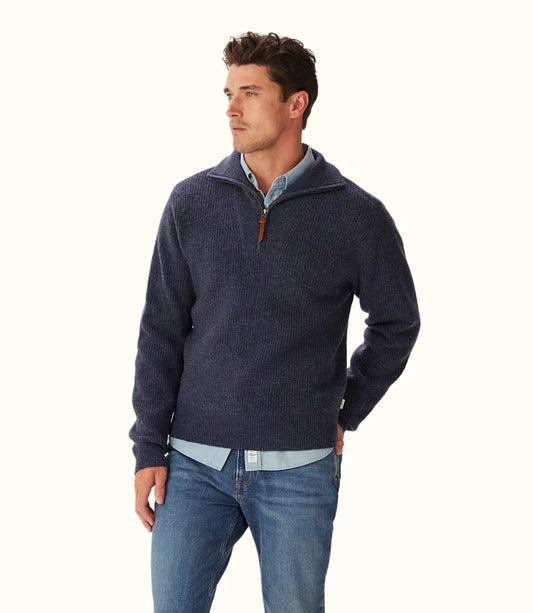 RM Williams Linton 1/4 Zip Lambswool Knit Blue Marle
