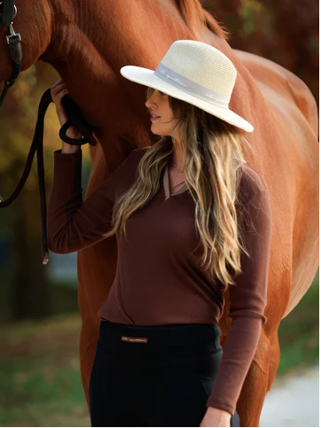HLH Contrast Cotton Long Sleeve Polo In Chocolate